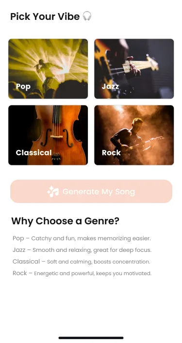 TuneTutor genre picker: Pop, Jazz, Classical and Rock tiles above a Generate My Song button.