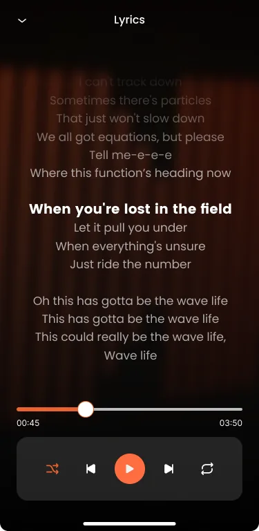 TuneTutor lyrics view: karaoke lyrics with the current verse in bold above the playback controls.