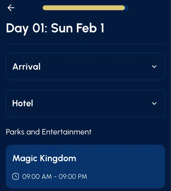 Virtual Michael app: a day’s itinerary with arrival, hotel and a theme-park visit.