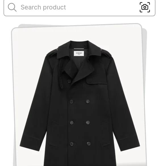 WhyFashion app: a search bar with a camera button for search by image, above a swipeable coat card.